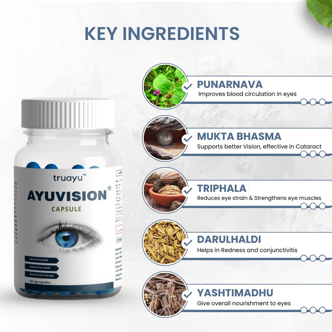 Ayuvision Ayurvedic Eye Care Capsules with Mukta & Rajat Bhasma (60 Veg Capsules)