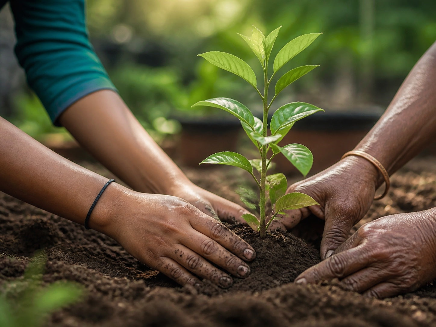 Hands planting a young sapling