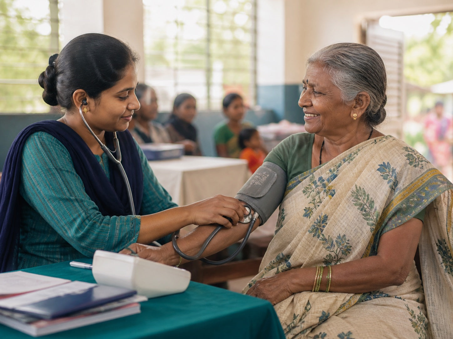 Community health worker caring for an older woman