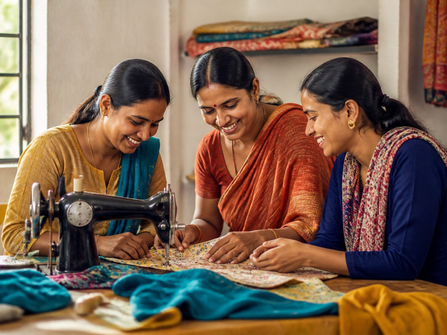 Women learning tailoring skills together